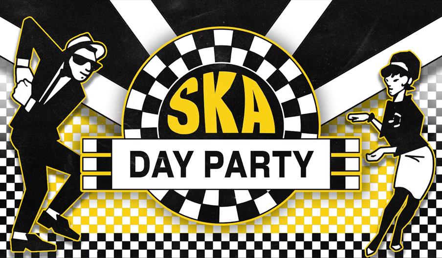 A bold, graphic poster with black, white, and yellow checkered patterns and radiating stripes, featuring stylized cartoon figures of a man and woman d