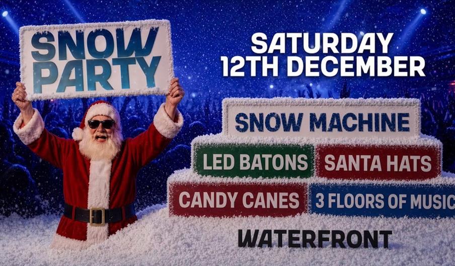 A person dressed as Santa Claus holds a "Snow Party" sign in a snowy, festive nightclub setting. Text announces the event on Saturday 12th December at