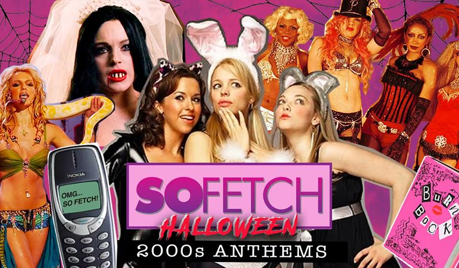 A colourful collage featuring iconic female pop culture figures and costumes from the 2000s, including women dressed as a bunny, cat, and mouse, surro