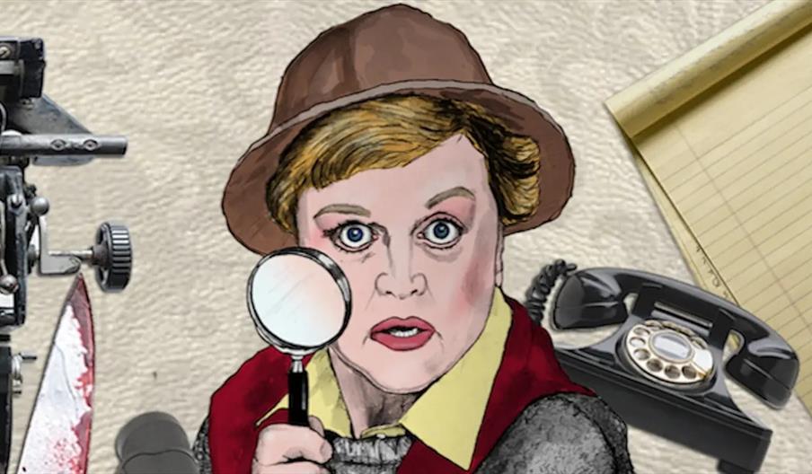 Illustration of a woman with short blond hair wearing a brown hat and red vest, holding a magnifying glass up to her face with a surprised expression.