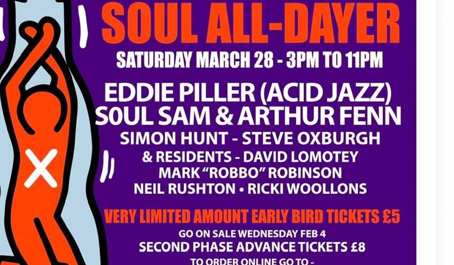 Promotional poster for the "Soul All-Dayer" event at Wrecking Ball, 15 Whitefriargate, Hull, on Saturday, March 28 from 3 pm to 11 pm, featuring artis