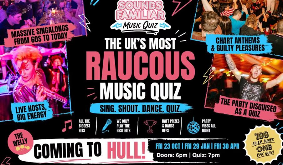 Colourful promotional poster for "Sounds Familiar Music Quiz" shows photos of lively crowds and energetic hosts, with text advertising "The UK's Most