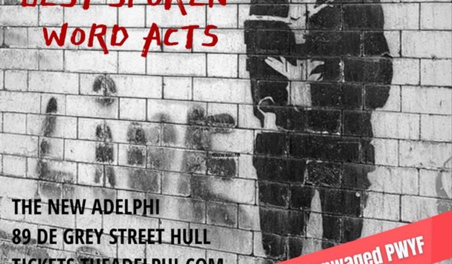 Poster for a spoken word event featuring a black and white mural of a person reading against a brick wall. Text announces "SPOKEN WORD FRIDAY" with "S