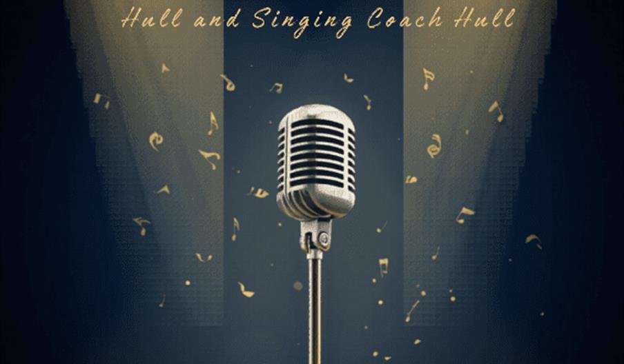 Poster for a "Spring Showcase" featuring students of Singing Lessons Hull and Singing Coach Hull, with a vintage microphone on a stage under spotlight