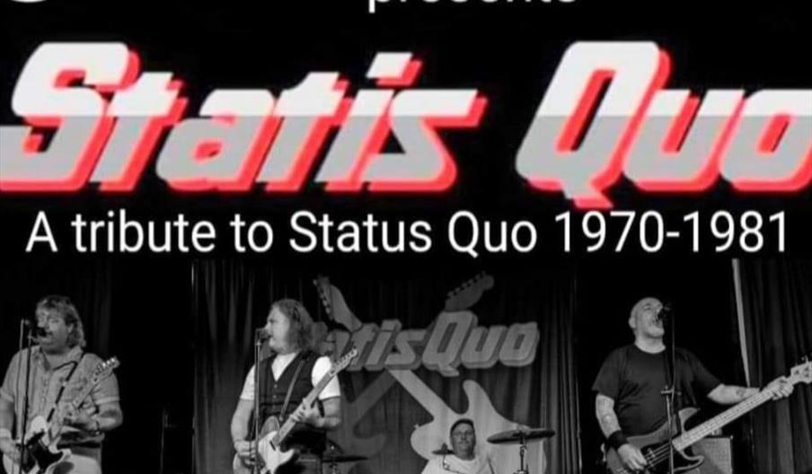 Promotional image for a Status Quo tribute band called "Statis Quo," showing four musicians performing on stage with guitars and drums, and text above