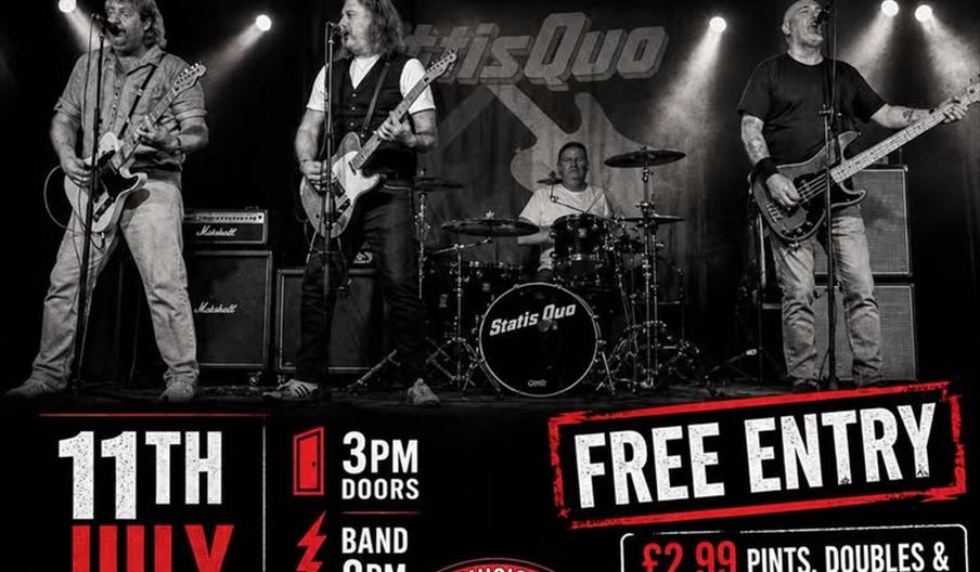 Poster for a live rock tribute band called "Statis Quo," a tribute to Status Quo, showing a black and white photo of the band performing on stage. The