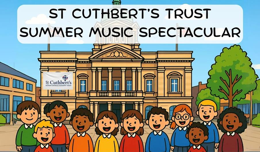 Cartoon illustration of a group of smiling children standing in front of a large building, with a sign reading "ST CUTHBERT'S TRUST SUMMER MUSIC SPECT