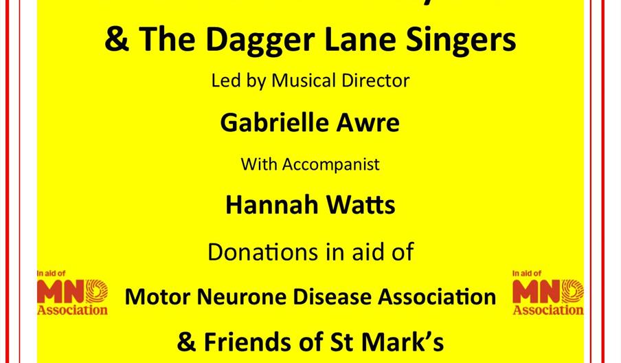 A bright yellow poster for St Mark's Community Hall Concert, taking place Sunday, May 10th at 3:00pm, featuring Greatfield Community Choir and The Dag