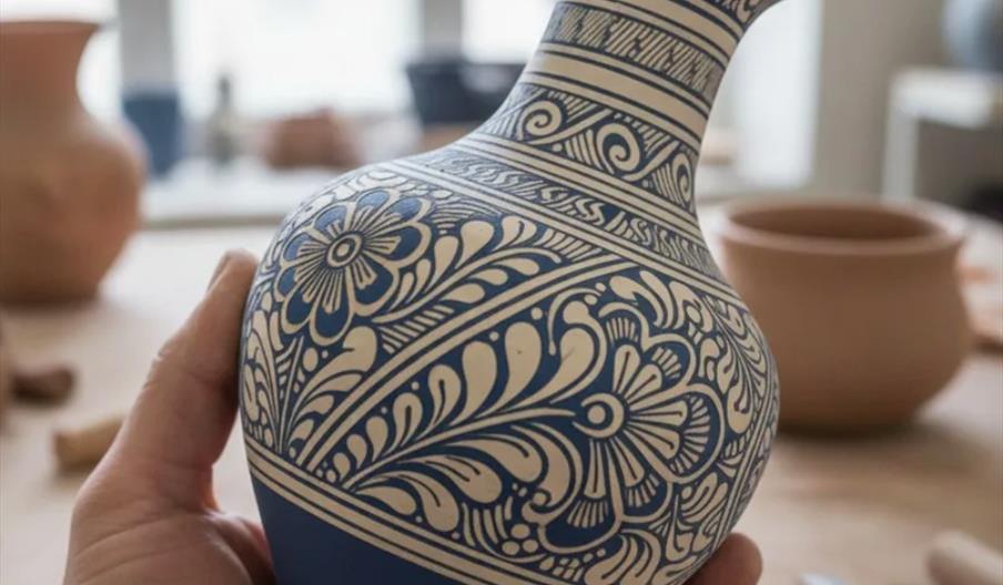 A hand holds a blue and beige ceramic vase decorated with intricate floral and geometric patterns, displayed in a well-lit gallery space with other po