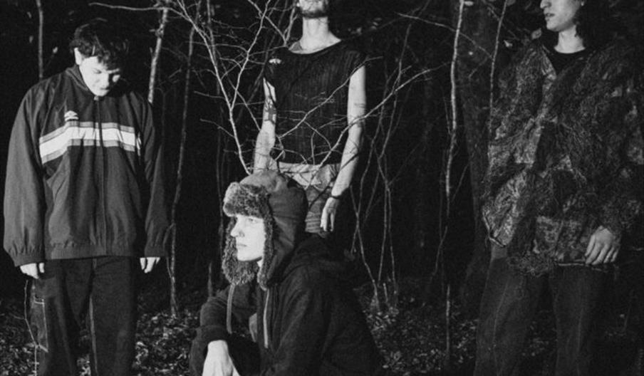 Four people are positioned in a dimly lit forest at night, with fallen leaves covering the ground; one person is crouching in the foreground while the