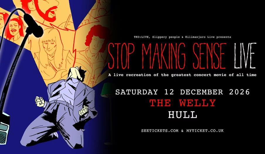 Illustrated poster for "Stop Making Sense Live" shows a drawing of a person in an oversized suit kneeling under stage lights, with sketches of band me