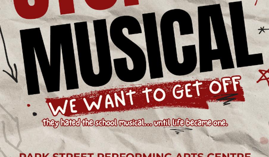 Poster for Park Street Performing Arts Centre's Summer School 2020 show titled "Stop the Musical: We Want to Get Off." It features show details (Frida