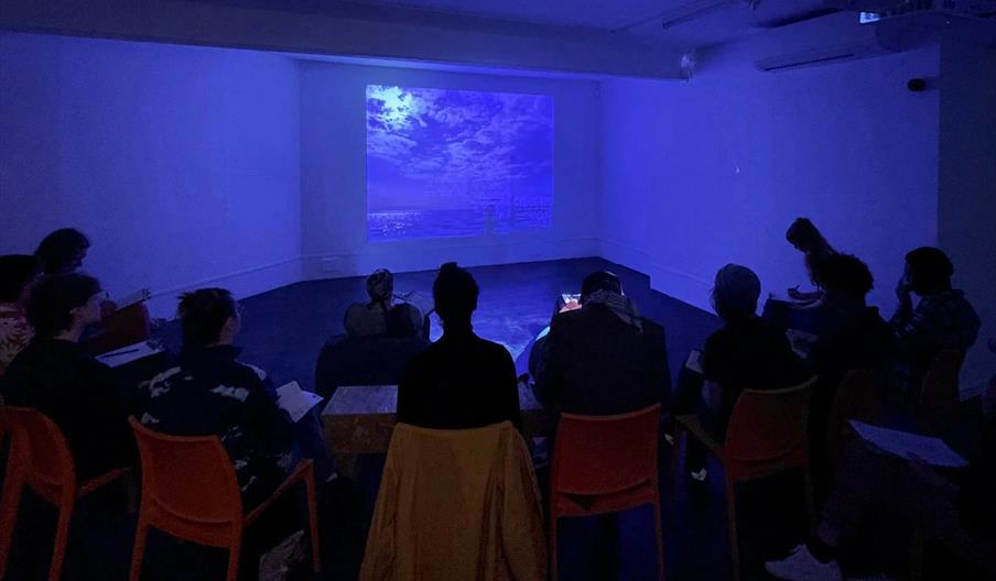 A group of people sit in a dark room facing a projection of a cloudy night sky over the ocean on a white wall, illuminated by blue light. The attendee