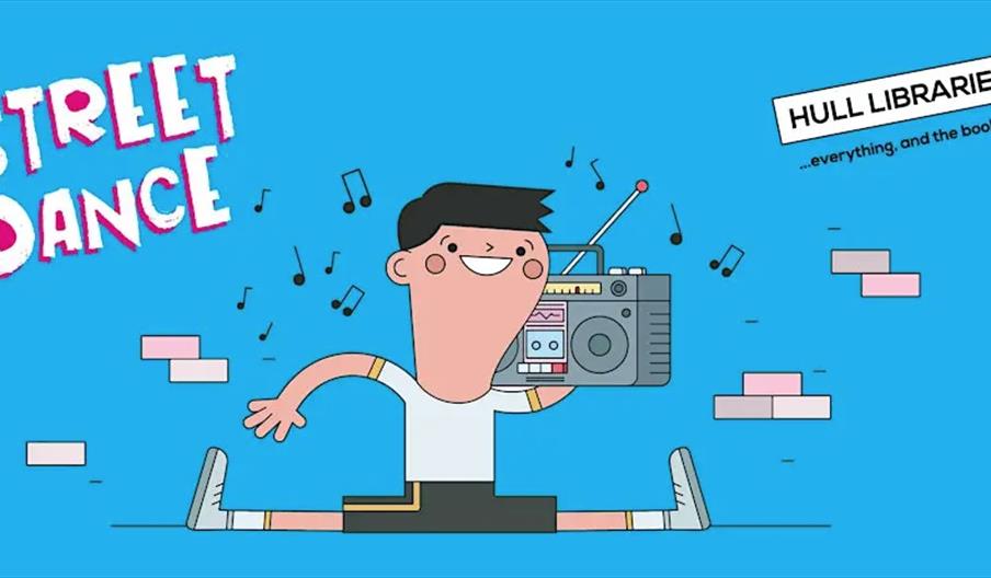 Cartoon illustration of a smiling child doing the splits while holding a large boombox, with musical notes floating around. Colourful text reads "Stre