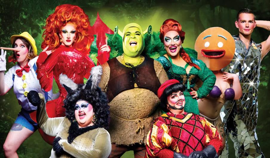 Several drag performers dressed up as characters from Shrek.