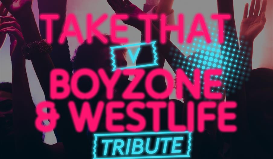A crowd of people with raised arms is silhouetted against colorful stage lights, with bold neon text overlay reading "Take That v Boyzone & Westlife T