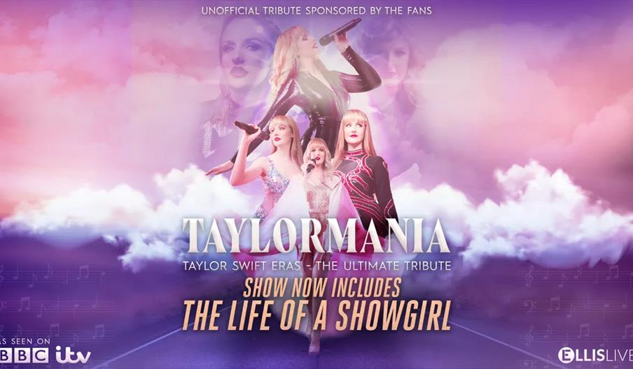 Promotional poster for "Taylormania," an unofficial Taylor Swift tribute show, featuring several performers dressed as Taylor Swift in various outfits