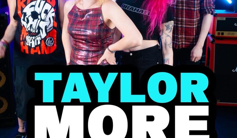 A band of four people stands smiling in front of neon lights and amplifiers, with bold text over the image reading "Taylor More Swiftly," and addition