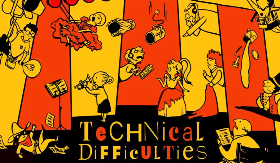 Colorful cartoon drawing of a chaotic theater scene with performers, musicians, and stage crew all in disarray, set against a red and yellow backgroun