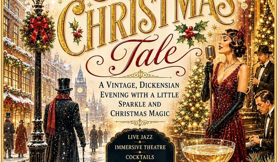 Vintage-style poster for "The Gilded Christmas Tale" featuring a glamorous woman in a red evening gown singing into a classic microphone, a festive st