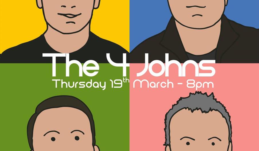 A colourful illustrated poster featuring four cartoon portraits of men, each in a different quadrant with yellow, blue, green, and pink backgrounds. T