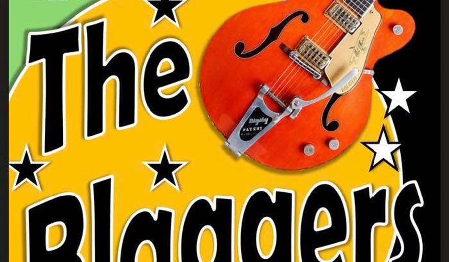 Concert poster for The Blaggers, a live rock 'n' roll band, featuring a large orange electric guitar and stars on a yellow background. The event is at