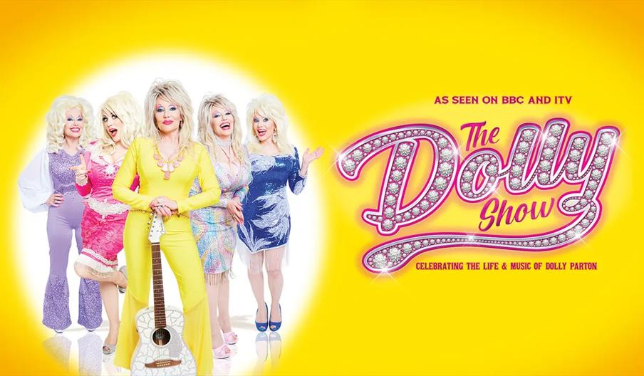 Five women dressed as Dolly Parton in colorful, sparkling outfits stand on a bright yellow background; to the right is glittery text reading "The Doll