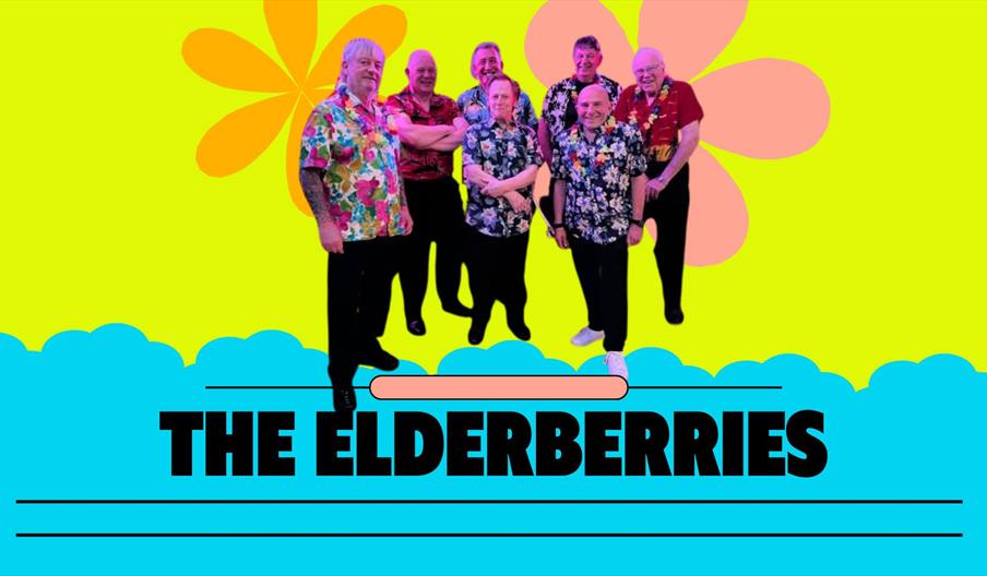 Seven older adults in colorful, floral shirts stand together in front of a bright, cartoon-like background with oversized flowers; below them, bold bl