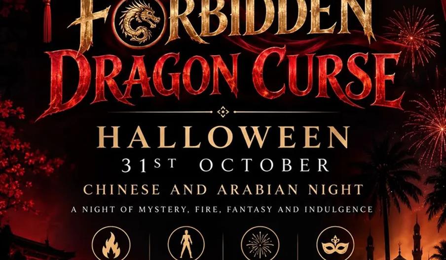 A Halloween event poster for "The Forbidden Dragon Curse" at Mr Chu's Palace, Saint Andrew's Quay, on October 31, featuring a Chinese and Arabian nigh