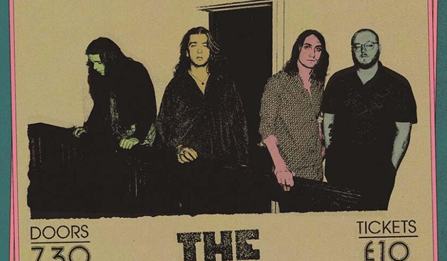A stylized concert poster features four band members standing indoors, advertising a performance by "The Froot" with supports on Friday, 12th June at