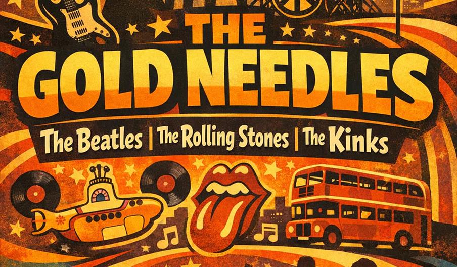 A retro-styled concert poster featuring silhouettes of a band performing, guitars, a drum set with a peace symbol, a double-decker bus, a yellow subma