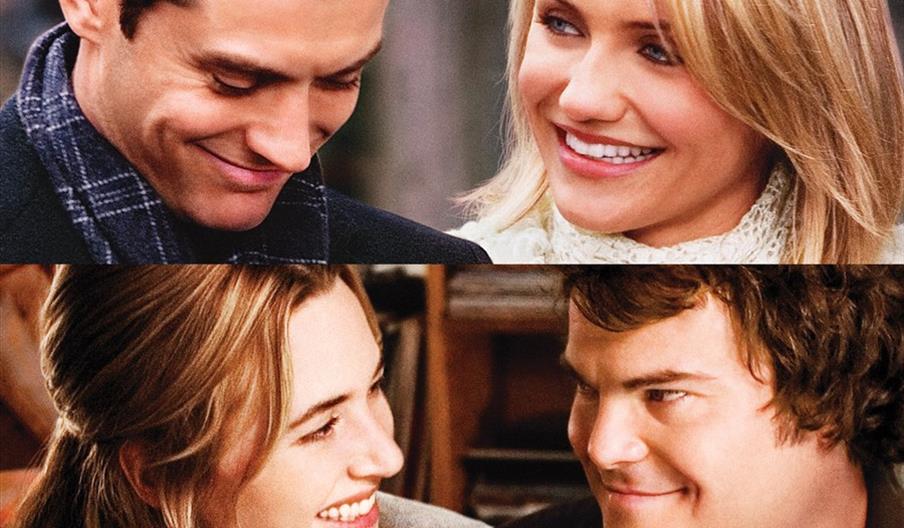 Split into two sections, the image shows two pairs of people smiling warmly at each other: the top half features a man and woman close together, and t