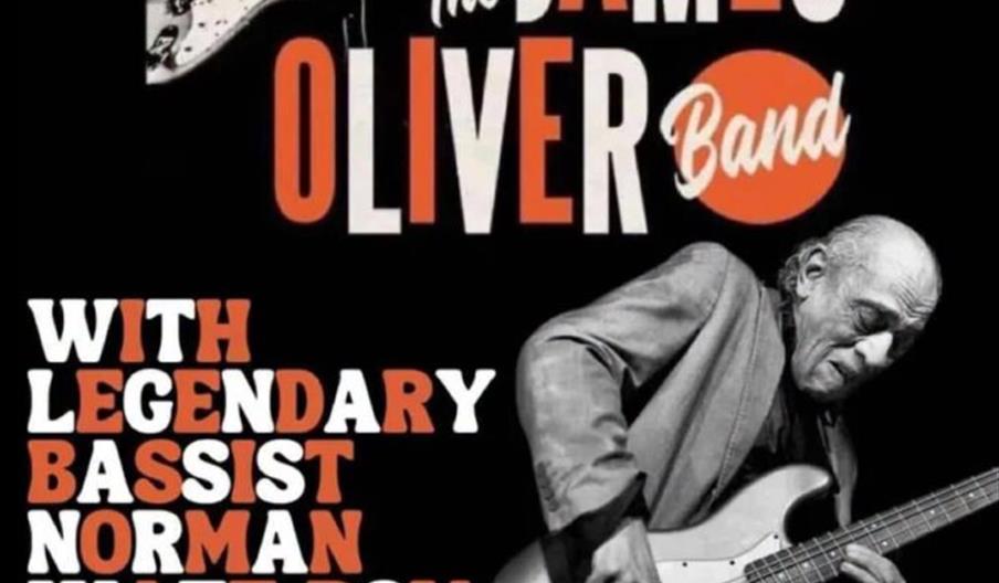Concert poster for "The James Oliver Band" featuring legendary bassist Norman Watt-Roy, with black and white images of two men playing guitars, event