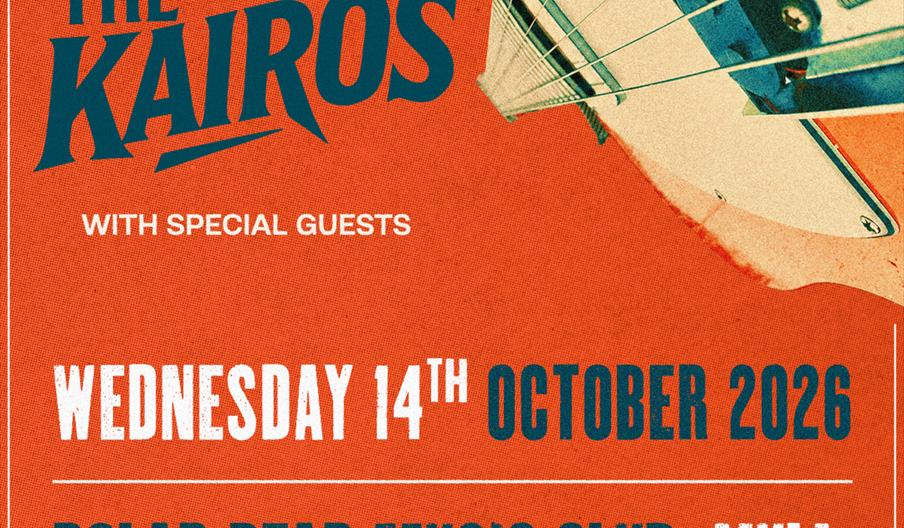 Concert poster for The Kairos with special guests, featuring a close-up image of an electric guitar on an orange background. The show is on Wednesday,