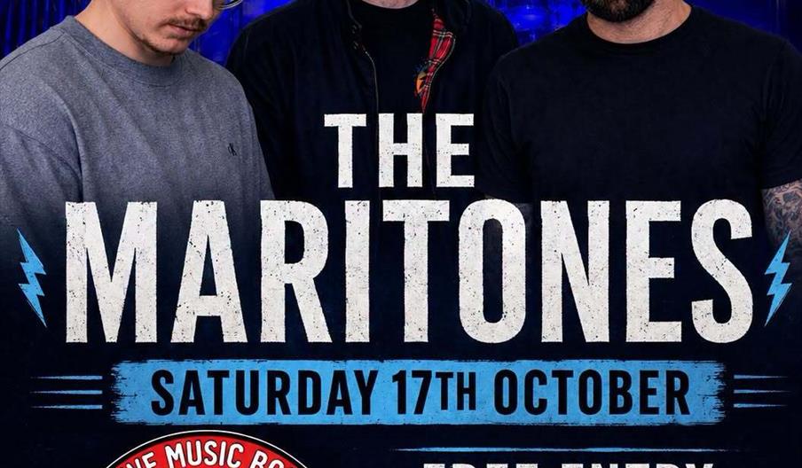 Promotional poster for a live music event featuring the band The Maritones, showing three band members in front of a blue-lit stage backdrop; details