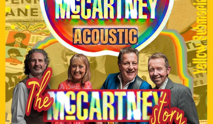 Promotional poster for "All Things McCartney Acoustic: The McCartney Story" featuring four smiling band members in front of a colorful, Beatles-themed