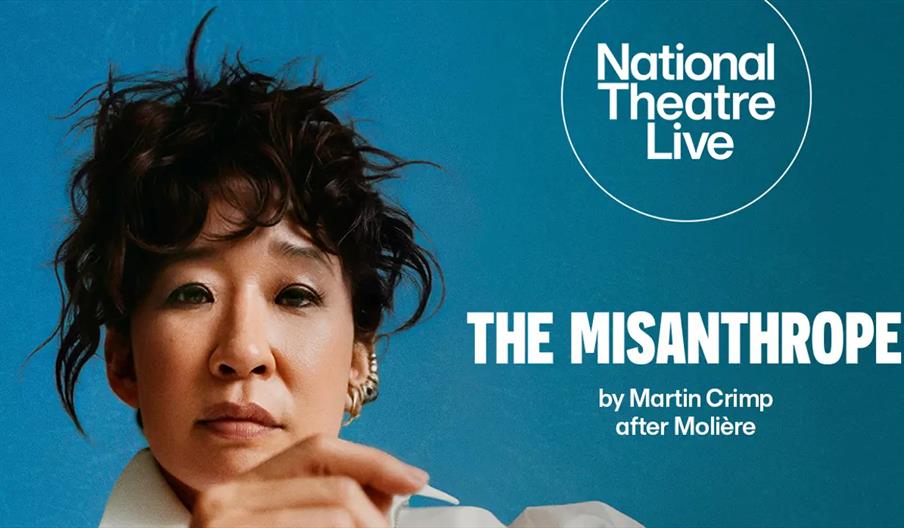 A woman with short, tousled dark hair looks directly at the camera against a blue background. Next to her are the words "National Theatre Live," "THE