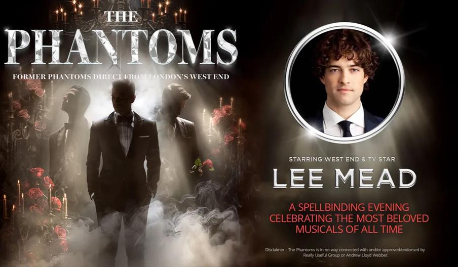 Promotional poster for "The Phantoms" featuring three men in tuxedos standing in smoky candlelight with roses, and a highlighted circular portrait of
