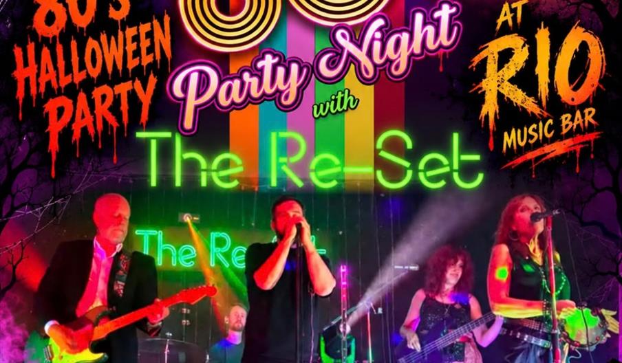 Promotional poster for an 80's Halloween Party Night with the band "The Re-Set" performing on stage, featuring neon colors, a full moon with bats, cob