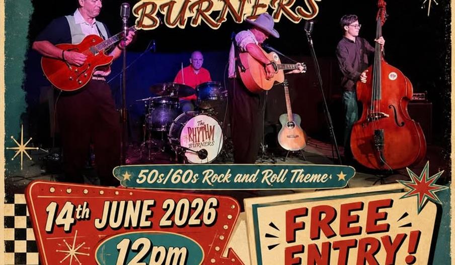 Poster for a live music event featuring the band "The Rhythm Burners" with a 50s/60s rock and roll theme. The event is on 14th June 2026 at 12pm at Se