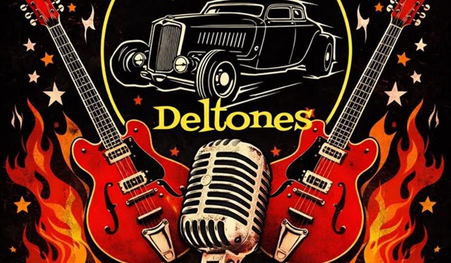 Poster for a "Rock & Roll Afternoon" event featuring The Rockin' Deltones, with two red electric guitars, a classic car illustration, and a vintage mi