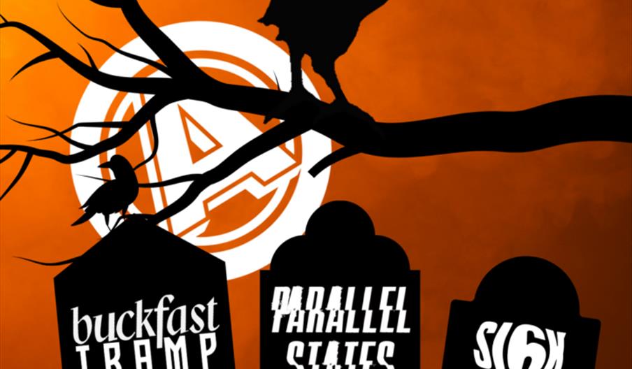 A Halloween-themed concert poster features a large black crow perched on a tree branch with "The Roman Jugg Band" written inside its silhouette, above