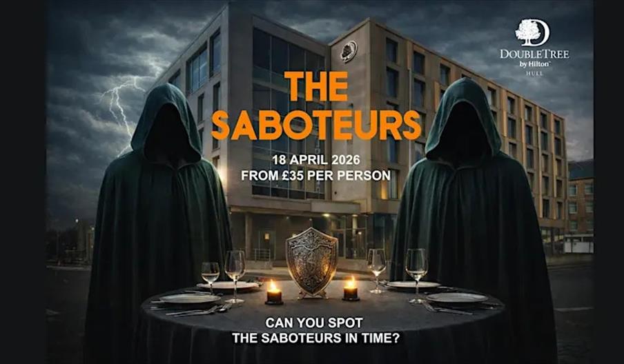 Two hooded figures in dark cloaks stand on either side of a round dining table set for two, with a shield at the center, in front of the DoubleTree by