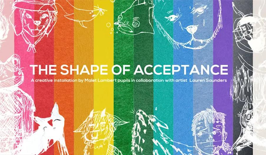 A rainbow-striped background features whimsical white line drawings of various animals and faces, with bold text in the center reading "THE SHAPE OF A