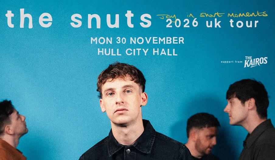 Promotional image for "the snuts Joy in Short Moments 2026 UK tour" featuring four young men standing against a blue background, with event details fo