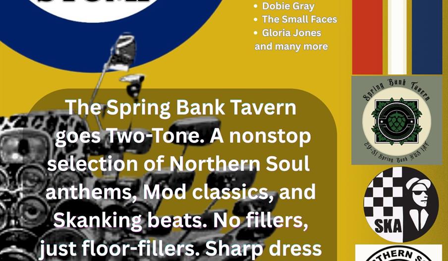 Event poster for "The Spring Bank Stomp" at The Spring Bank Tavern, featuring Mod, Northern Soul, and Ska music, with images of Mod and Ska symbols, a