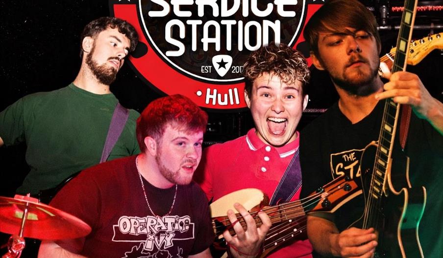 Promotional poster for a live music event on 9th May at Service Station, Hull, featuring a photo of four male band members playing instruments with en