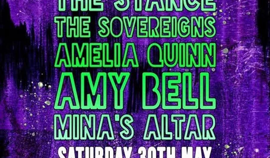 A music event poster with a purple and black background lists the bands "The Stance," "The Sovereigns," "Amelia Quinn," "Amy Bell," and "Mina's Altar.