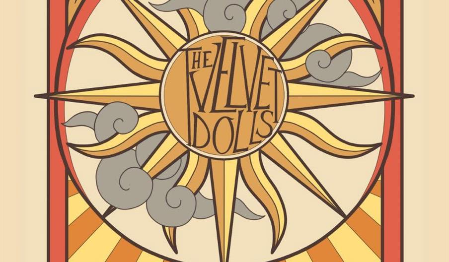 A vintage-style event poster featuring a large stylized sun with gray clouds, promoting "The Second Coming of The Velvet Dolls" on Friday 25 September