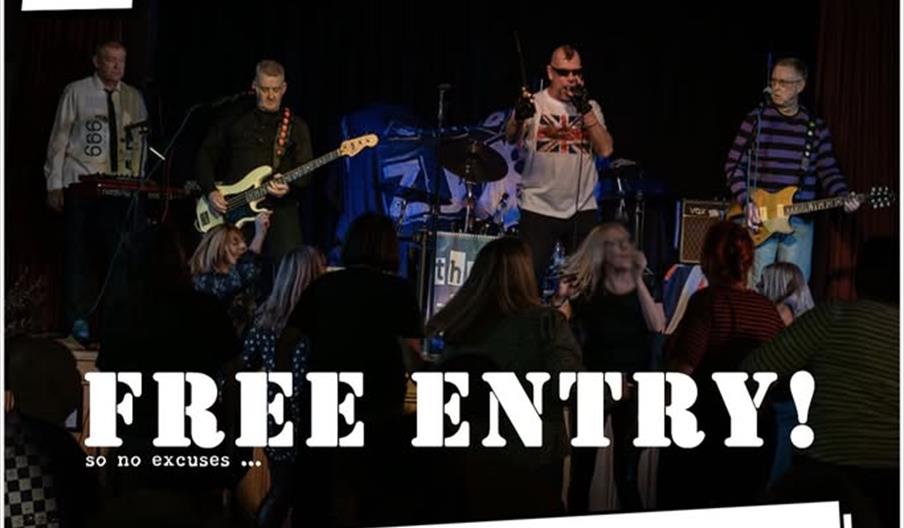 Promotional poster for a ThE ZyNx ska and punk classics concert, showing the band performing on stage with people dancing in front, and text advertisi